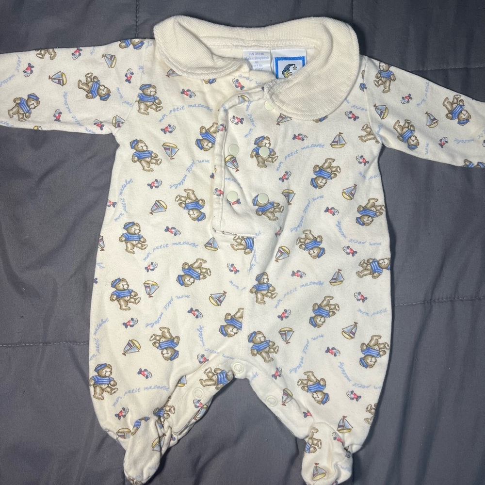 Vintage Lullaby Club Newborn Collared Footie Sleeper Teddy Bear Nautical Print